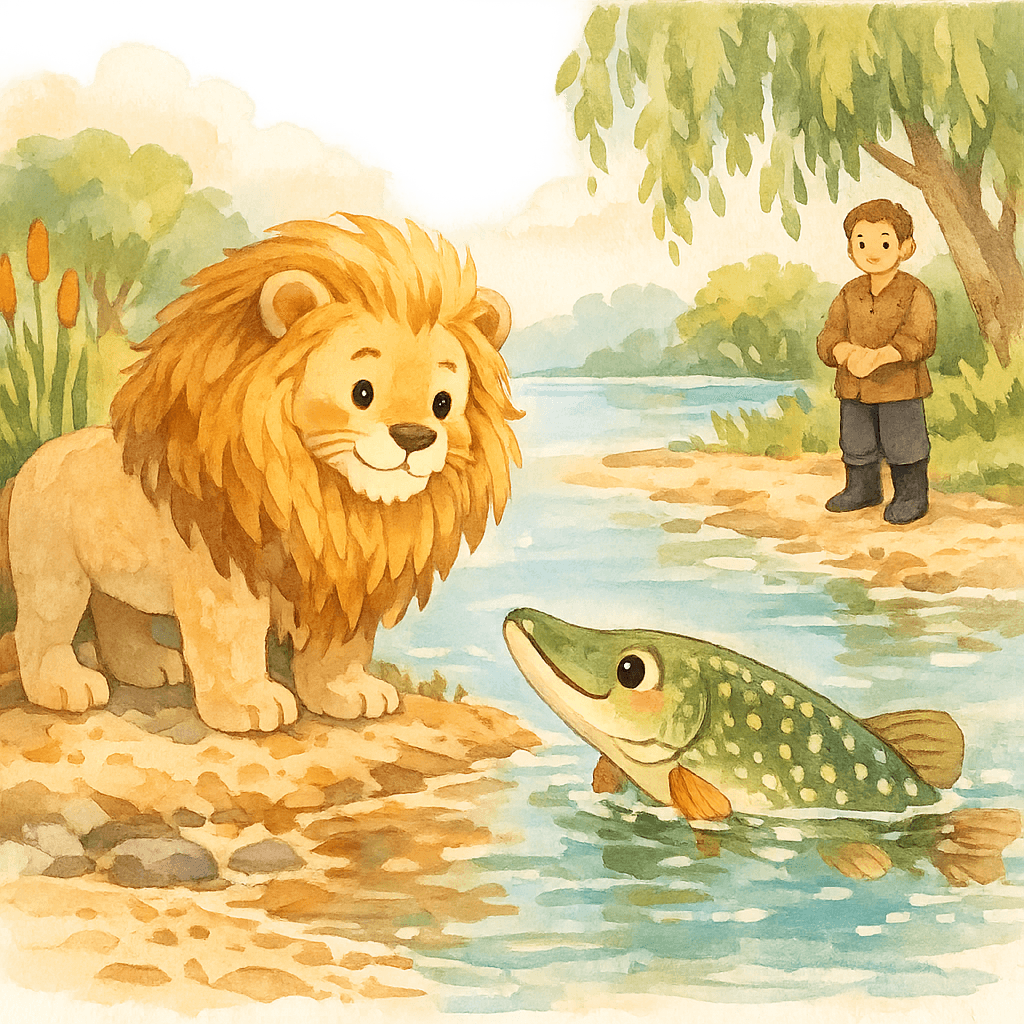Лев и щука у реки, человек слушает