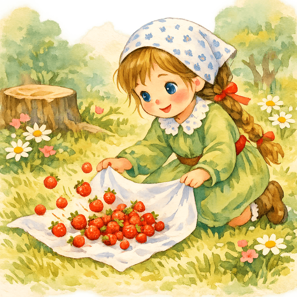 Девочка расстелила платочек, и земляника сама в него собралась