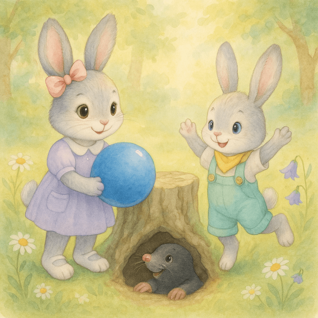 Зайки Плюша и Тая и синий мячик в ямке