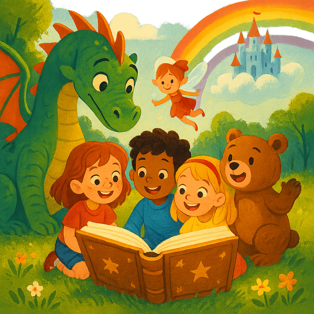 Дети 6–10 лет читают волшебную книгу на поляне, вокруг фантастические существа и атмосфера приключения.