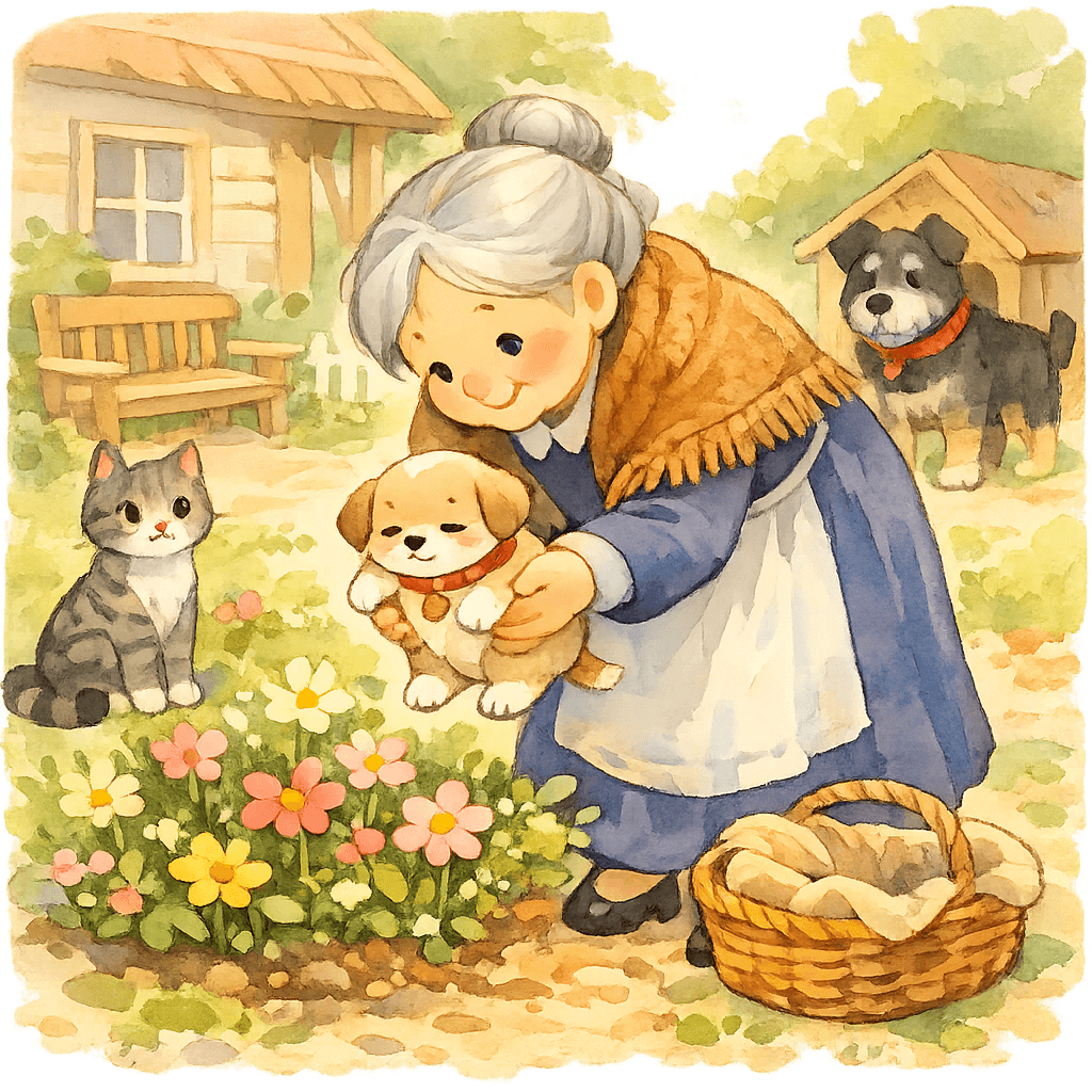 Бабушка бережно кладёт щенка в тёплую корзинку