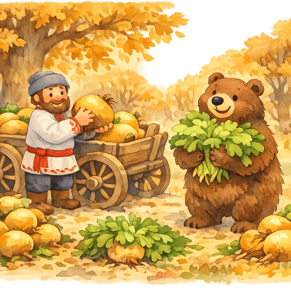 Мужик отдаёт медведю вершки репы
