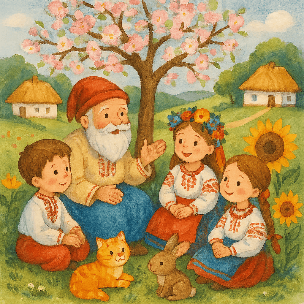Дети в украинских костюмах слушают сказку у старца под цветущей вишней, вокруг подсолнухи и добрые зверята, атмосфера уюта и волшебства.