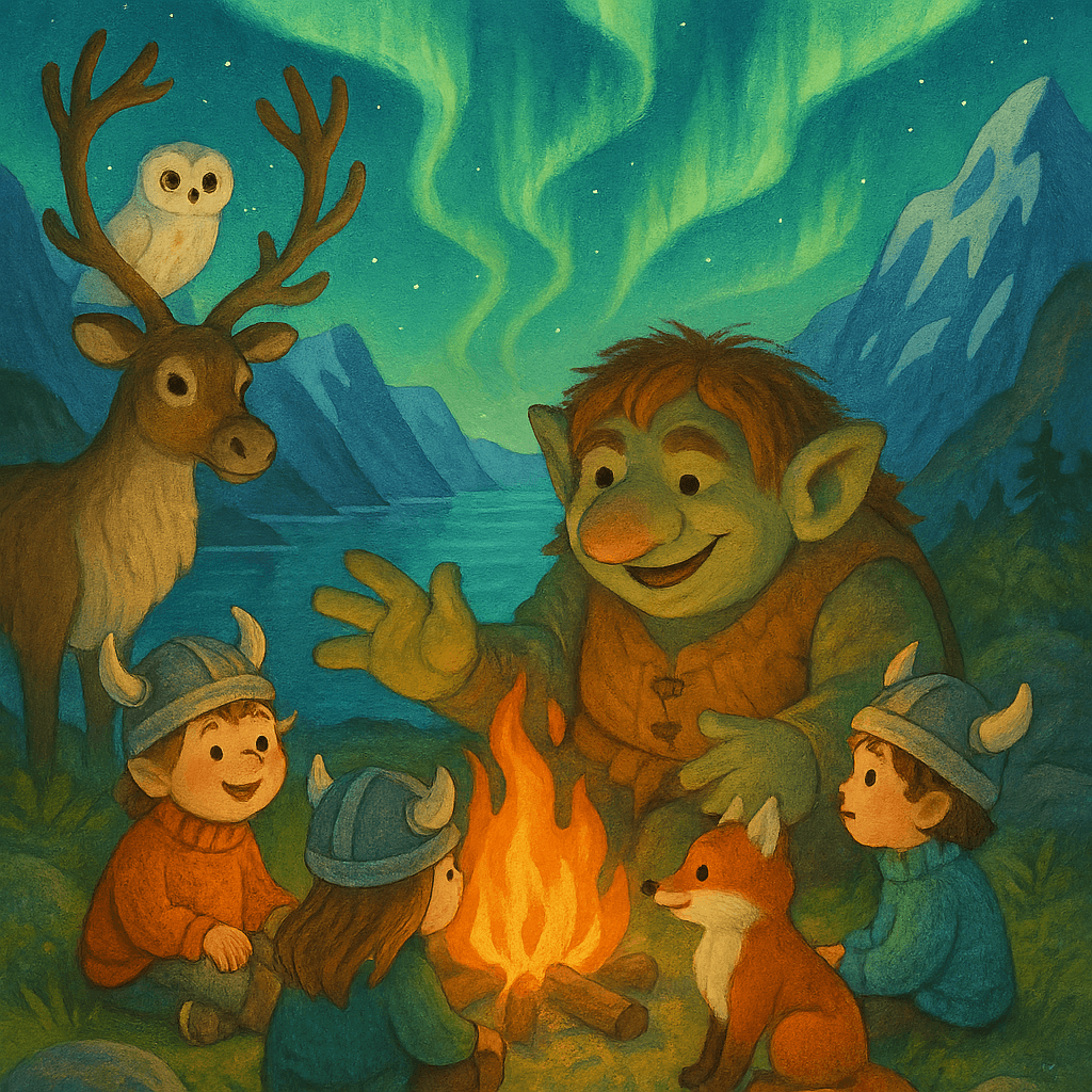 Дети в свитерах слушают тролля у костра на фоне фьордов и северного сияния, атмосфера норвежской сказки.