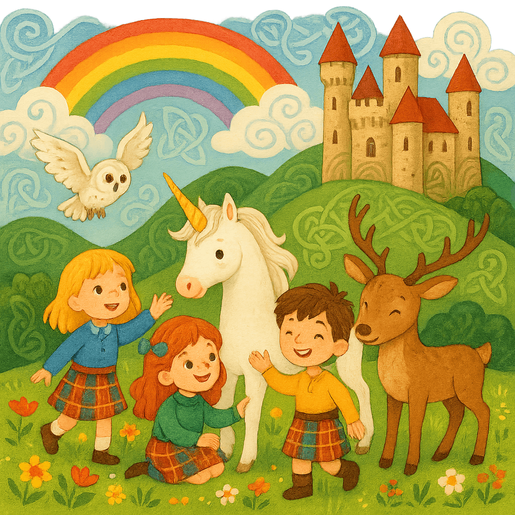 Дети в килтах играют с волшебными животными на фоне шотландского замка, сказочная поляна, радуга и кельтские узоры.
