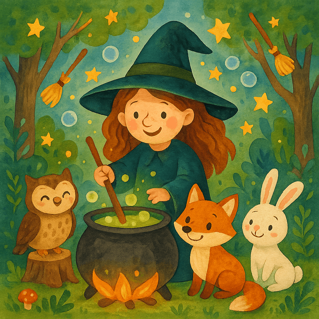 Добрая ведьма с котлом и зверятами в волшебном лесу, детская сказочная атмосфера.
