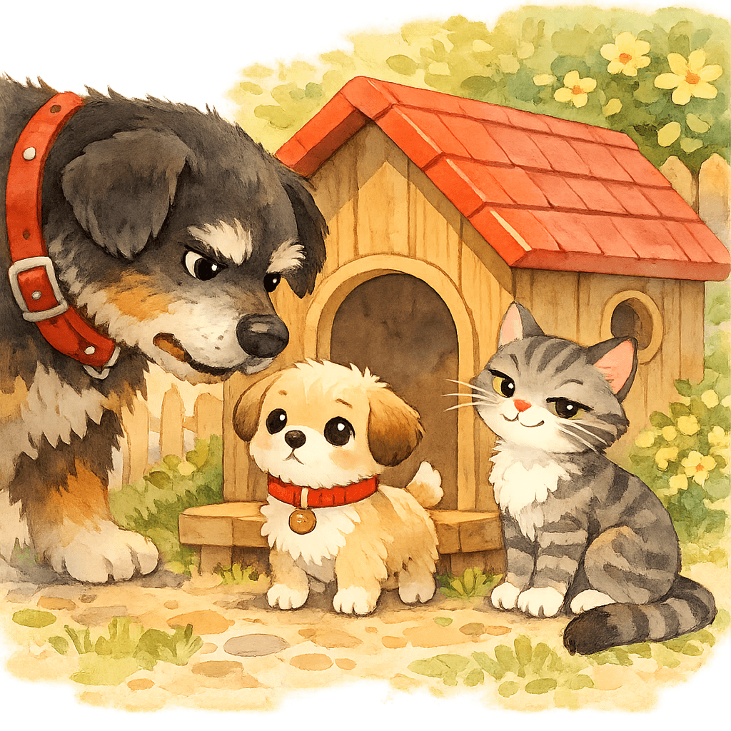 Щенок пытается сторожить будку Полкана, а Полкан сердится