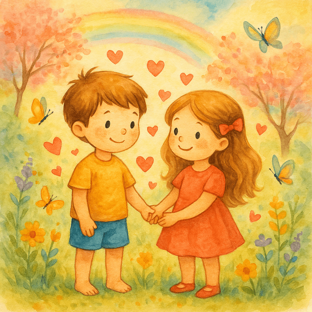 Мальчик и девочка держатся за руки на волшебной поляне, вокруг сердечки и бабочки, атмосфера любви и заботы.