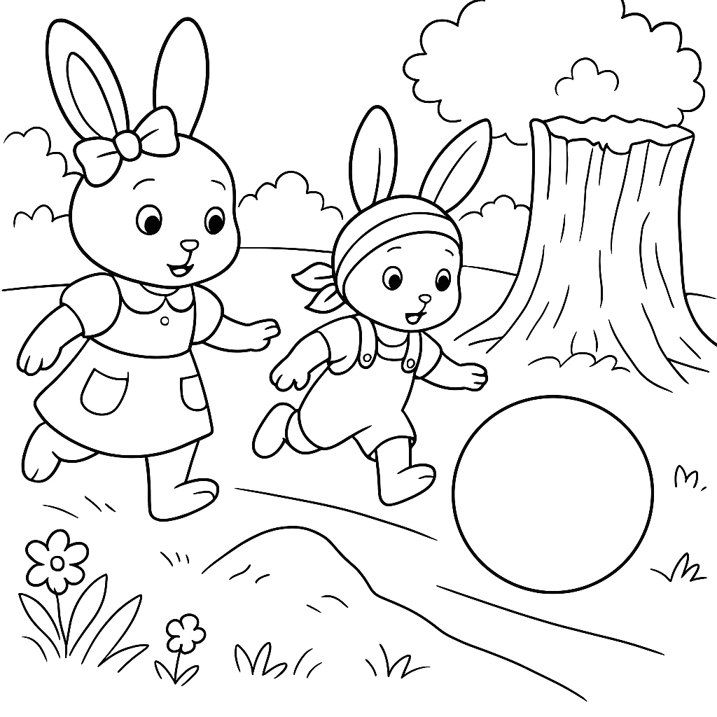 Раскраска по сказке "Зайки Плюша и Тая и синий мячик в ямке"
