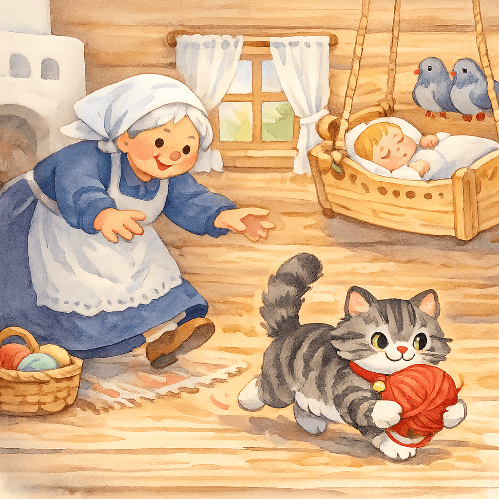 Котик украл у бабушки клубок, а бабушка его догоняет