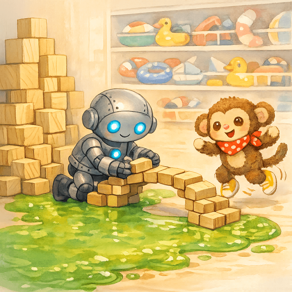 Броня строит мост из кубиков через лужу слайма