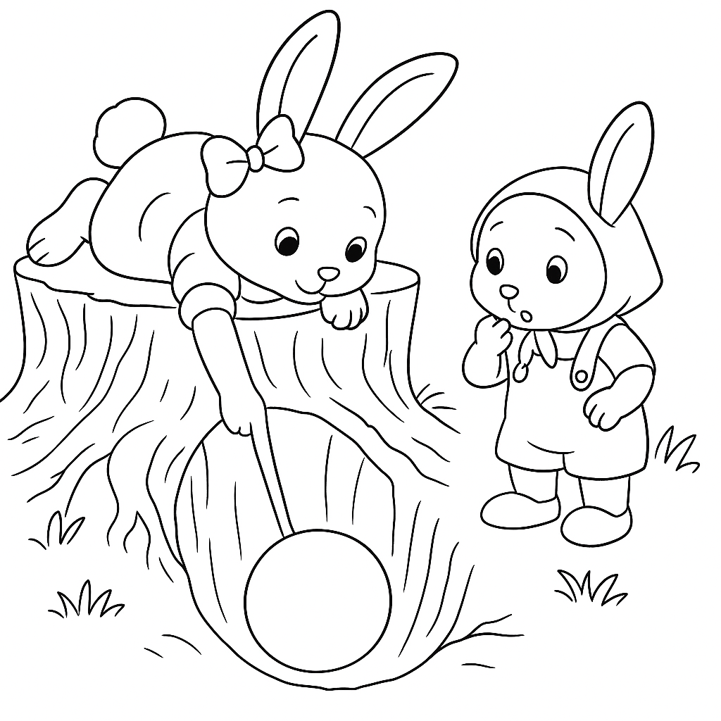 Раскраска по сказке "Зайки Плюша и Тая и синий мячик в ямке"