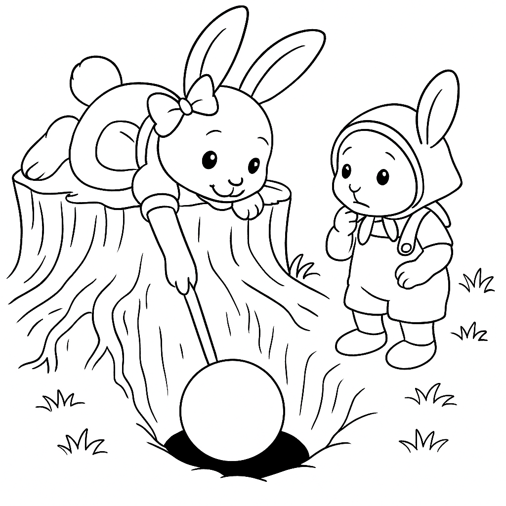 Раскраска по сказке "Зайки Плюша и Тая и синий мячик в ямке"