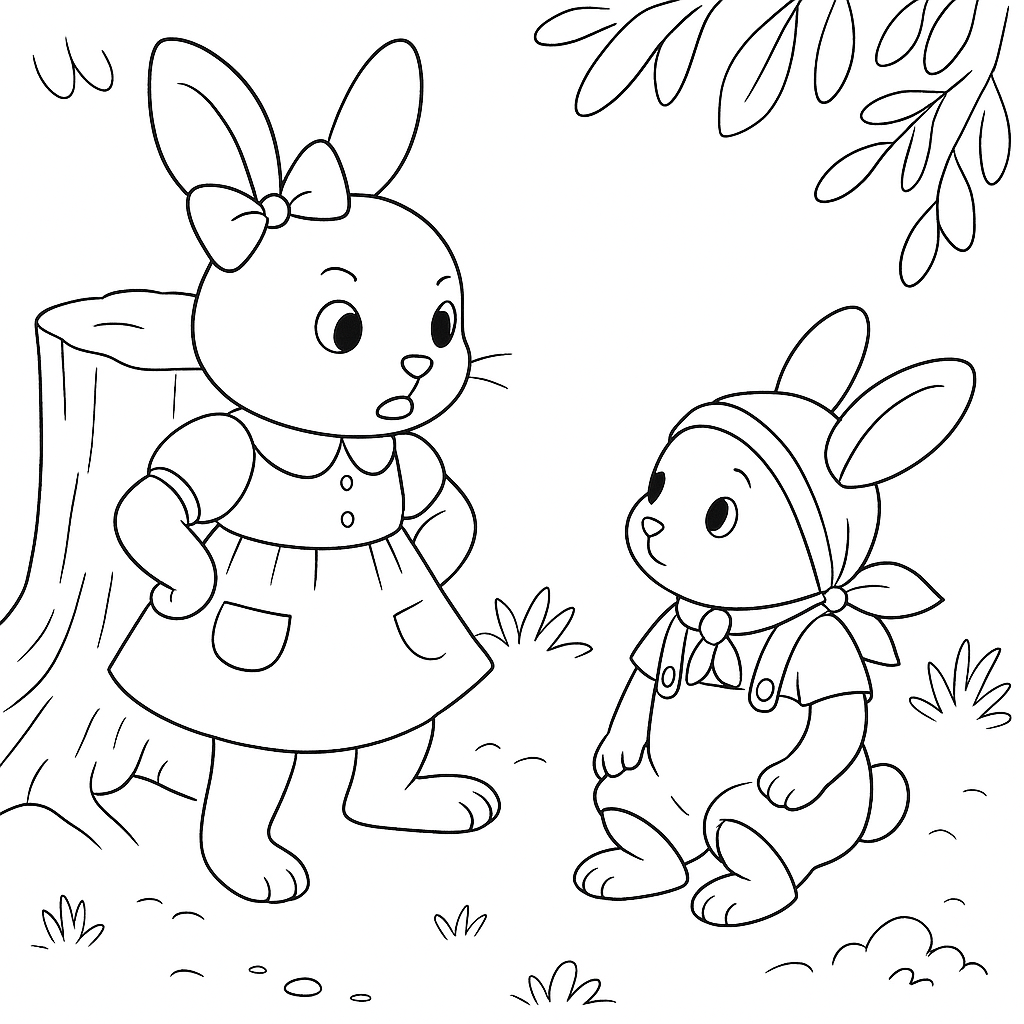 Раскраска по сказке "Зайки Плюша и Тая и синий мячик в ямке"