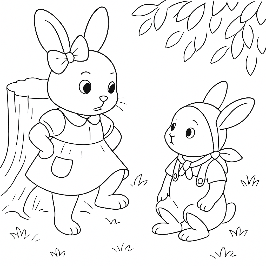 Раскраска по сказке "Зайки Плюша и Тая и синий мячик в ямке"