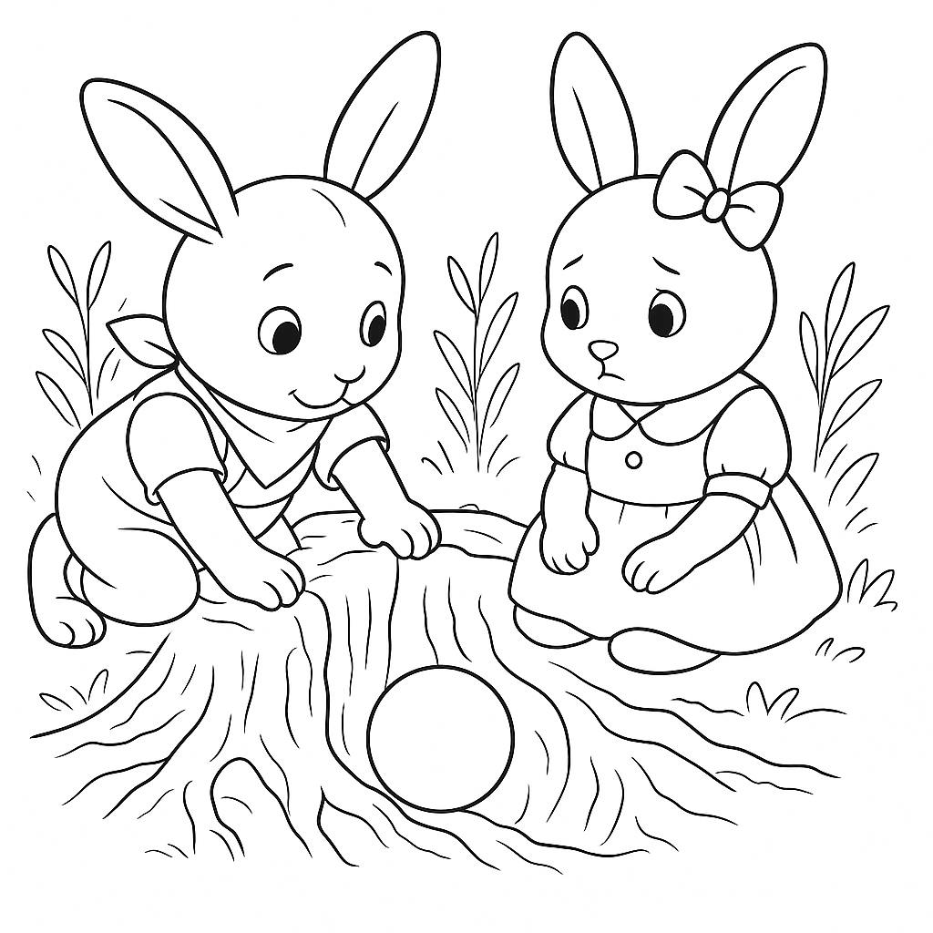 Раскраска по сказке "Зайки Плюша и Тая и синий мячик в ямке"