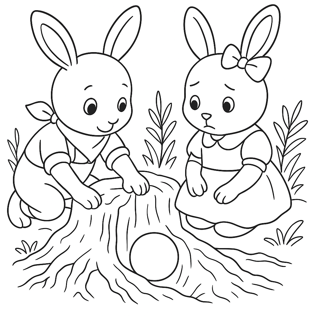 Раскраска по сказке "Зайки Плюша и Тая и синий мячик в ямке"