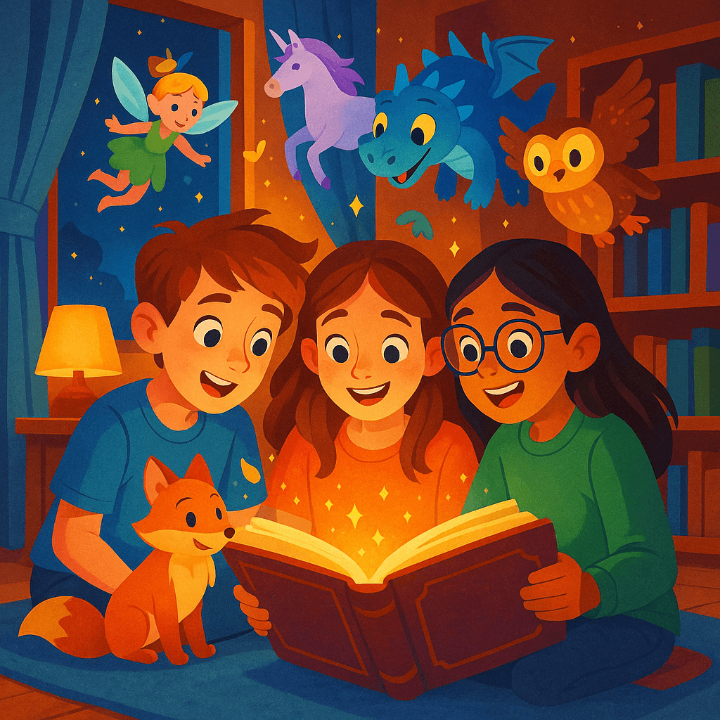 Дети 10-12 лет читают волшебную книгу, вокруг фантастические существа, атмосфера приключений и добра.