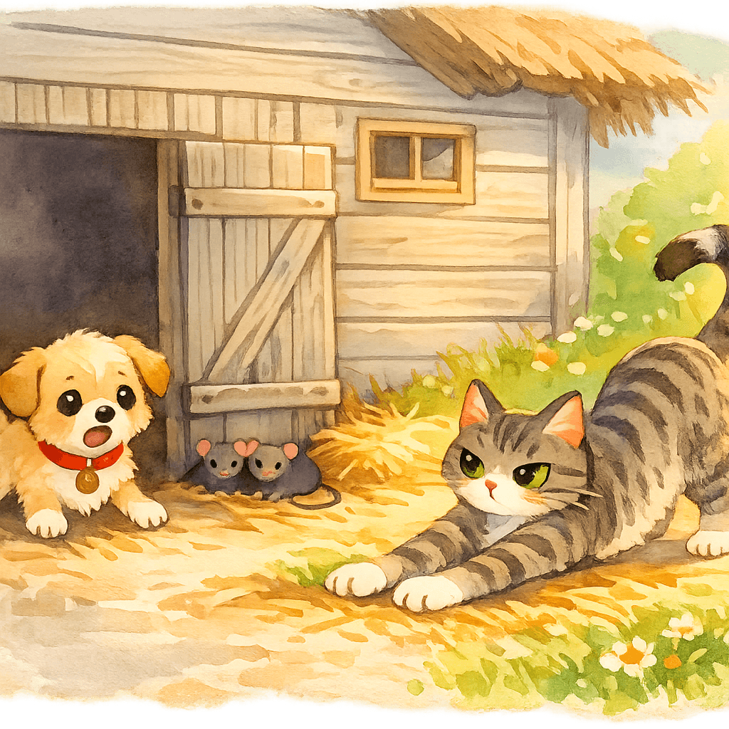 Щенок пугается мышей в сарае и выскакивает к кошке Клаше