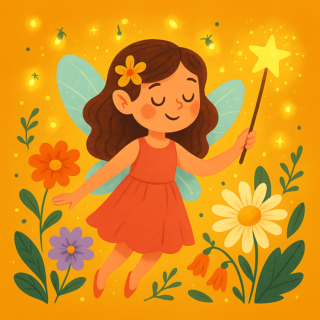 Милая фея с крыльями, вокруг светлячки, цветы и волшебная палочка. Атмосфера добра, магии и уюта, современный детский стиль.