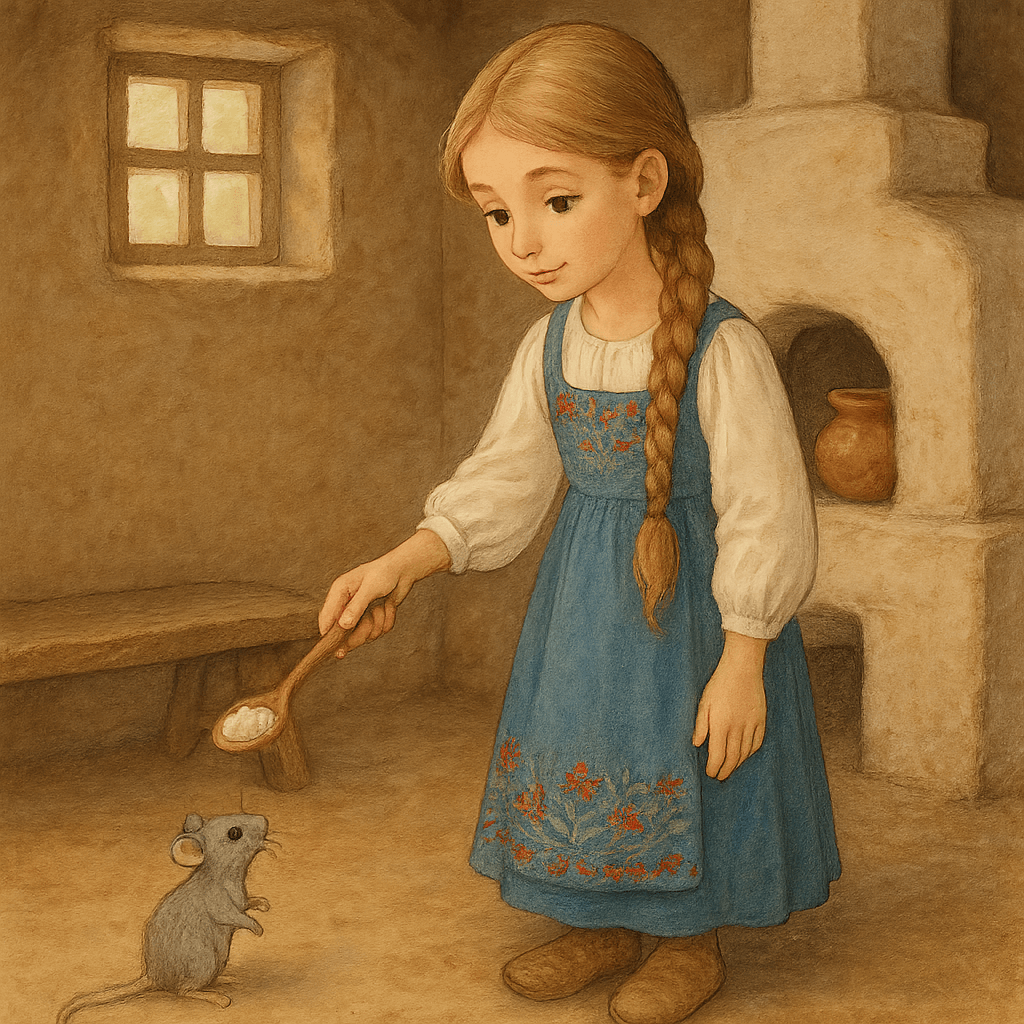 Девочка кормит мышку кашей внутри землянки