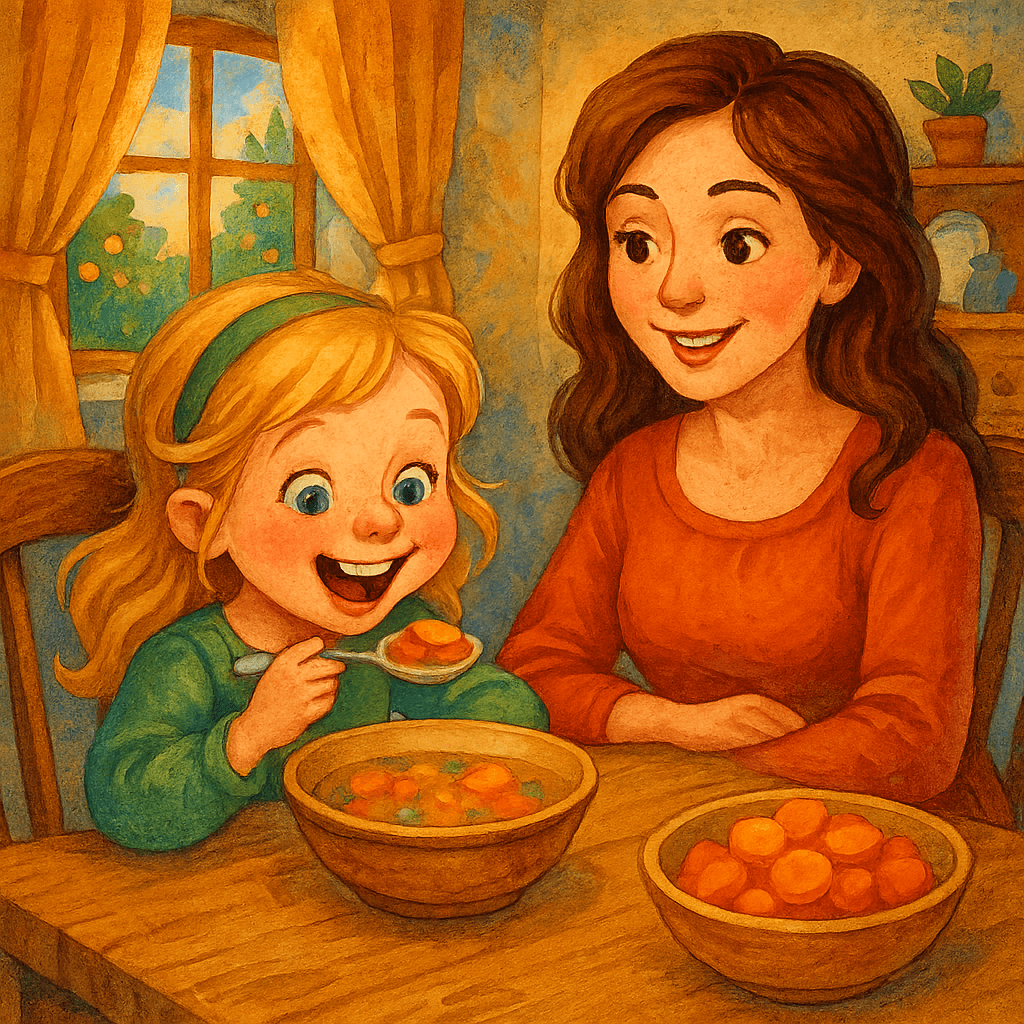 Мариночка с удовольствием ест суп с морковью