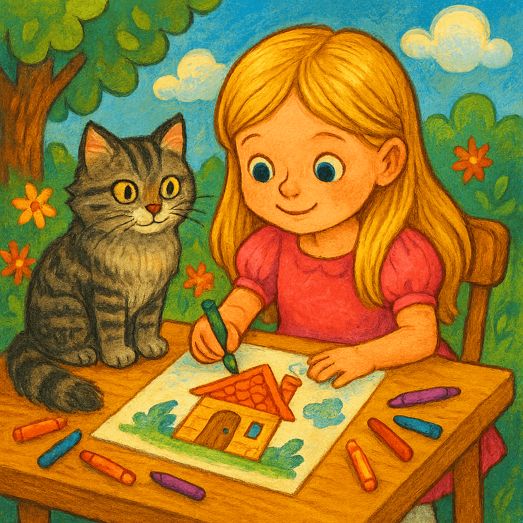 Девочка рисует домик, а рядом смотрит капризная полосатая кошка.