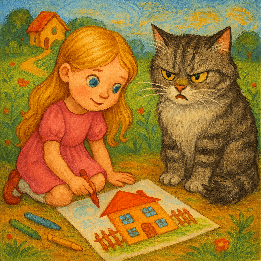 Девочка дорисовывает окна и забор, кошка недовольна.