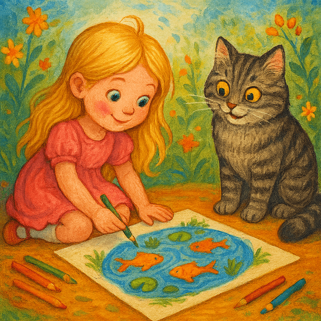 Кошка радуется рыбкам в пруду на рисунке девочки.