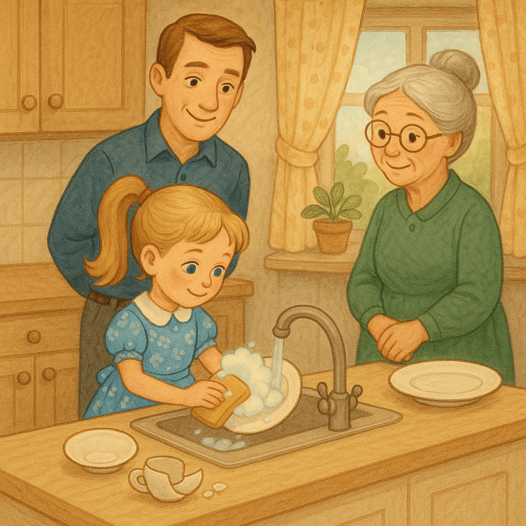 Таня моет посуду, а рядом — разбитая чашка, папа и бабушка наблюдают