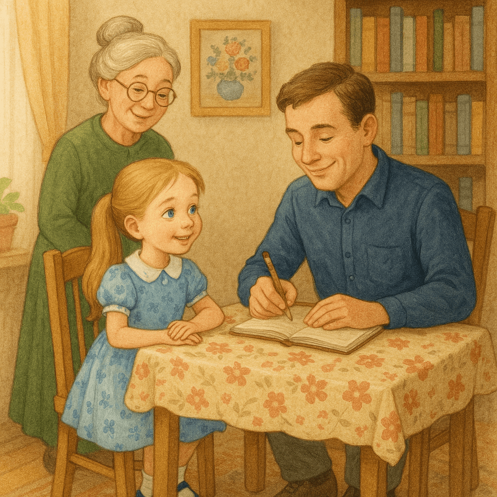 Семья сидит вечером за столом и записывает достижения в тетрадку