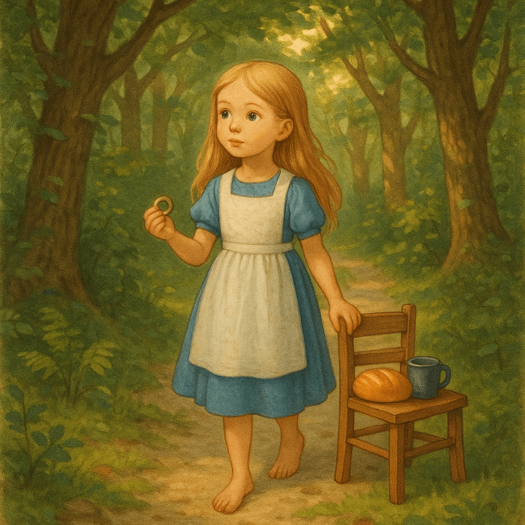 Девочка идет по лесу с вещами