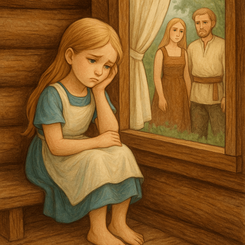 Девочка грустит у окна, родители позади