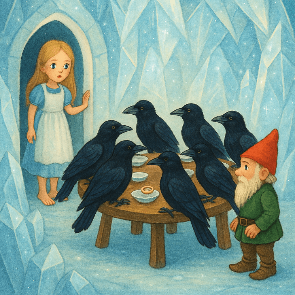 Вороны, стол, чарки, карлик и девочка в стеклянной горе