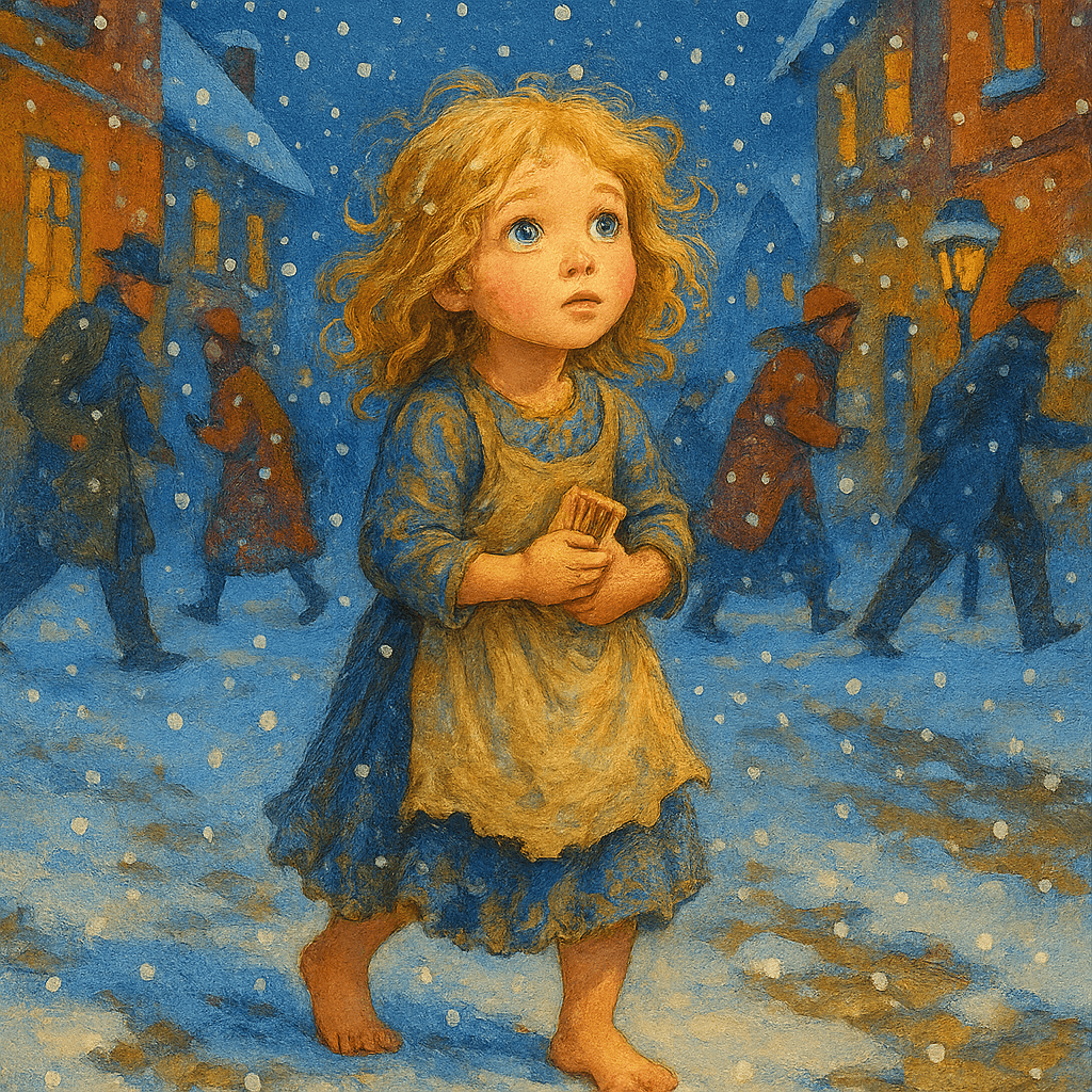 Девочка босая идёт по заснежённой городской улице вечером, мимо проходят люди, падает снег.