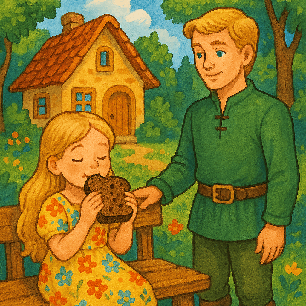 Зиночка наслаждается лисичкиным хлебом на фоне лесного домика.