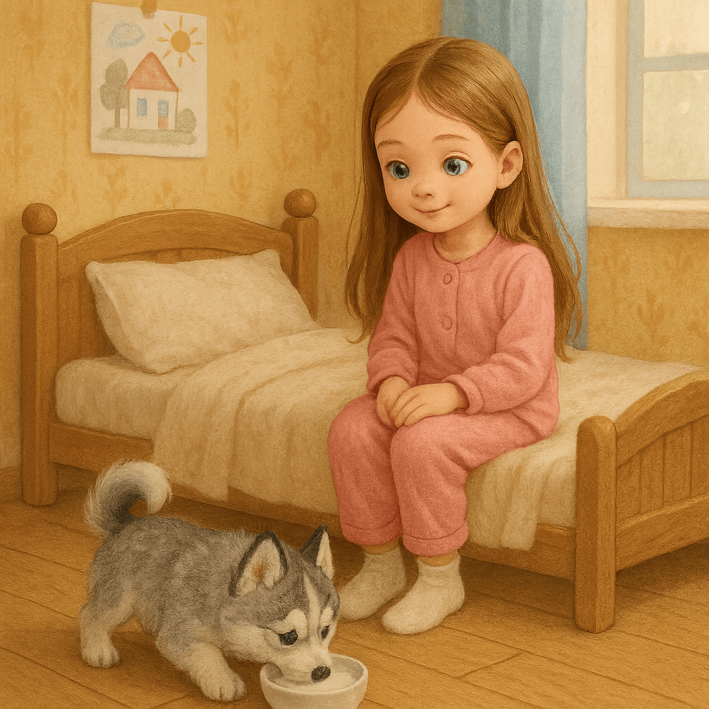 Щенок Лада пьет молоко из чашки