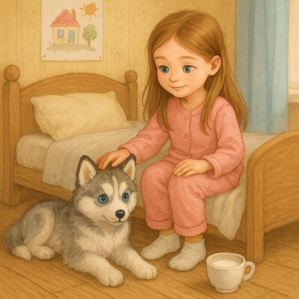 Девочка гладит щенка Ладу, стоящую рядом с чашкой молока