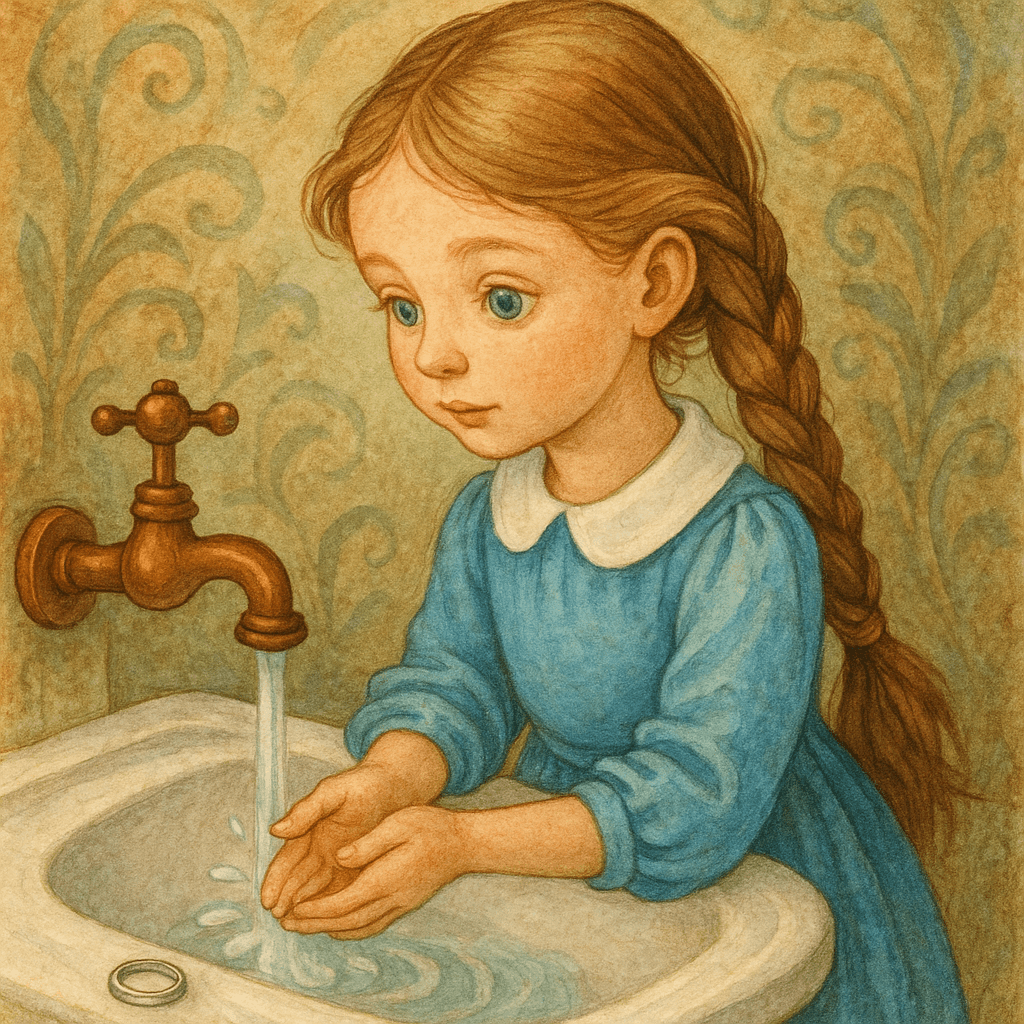 Девочка у умывальника снимает с руки колечко.