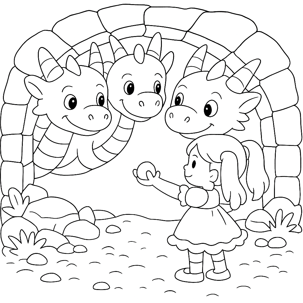 Раскраска по сказке "Храбрая девочка и дракон"