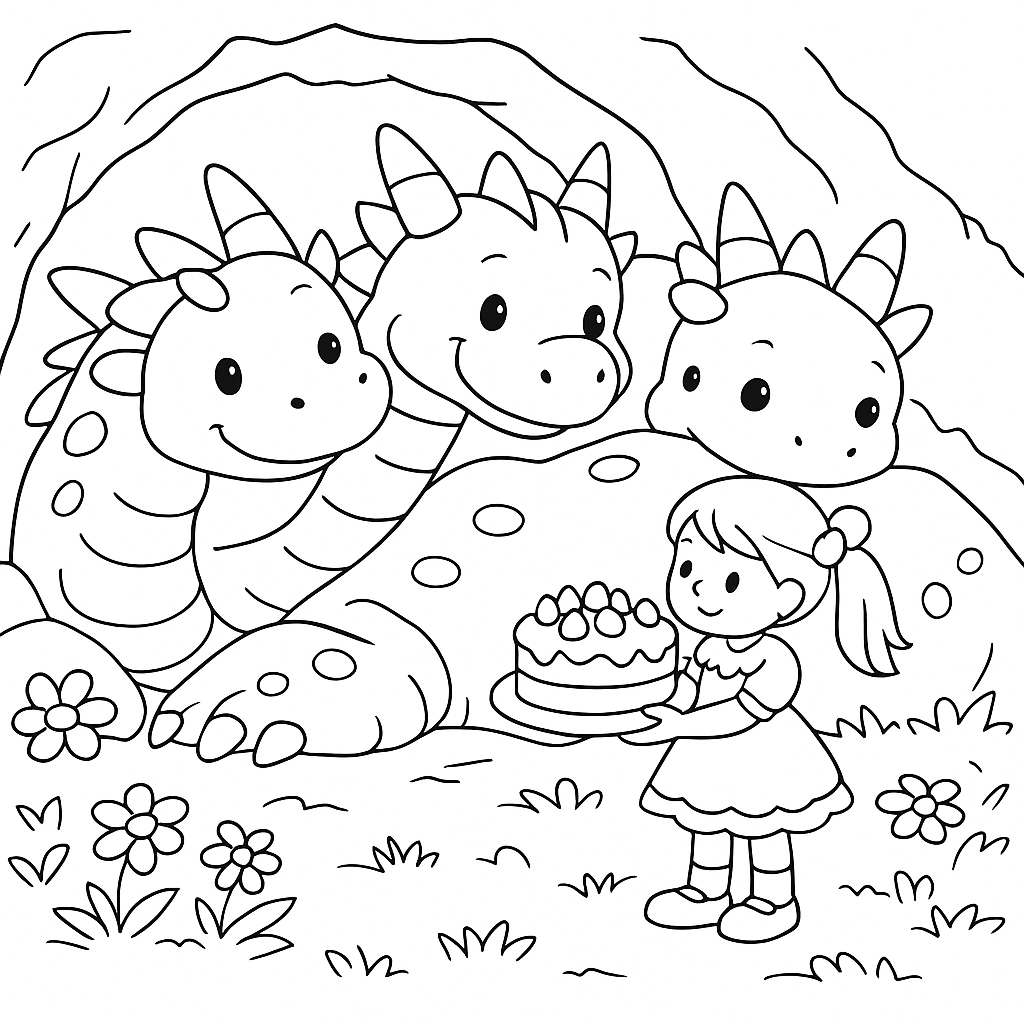 Раскраска по сказке "Храбрая девочка и дракон"