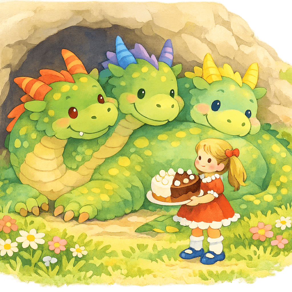 Света несёт торт дракону, который лежит у пещеры на траве