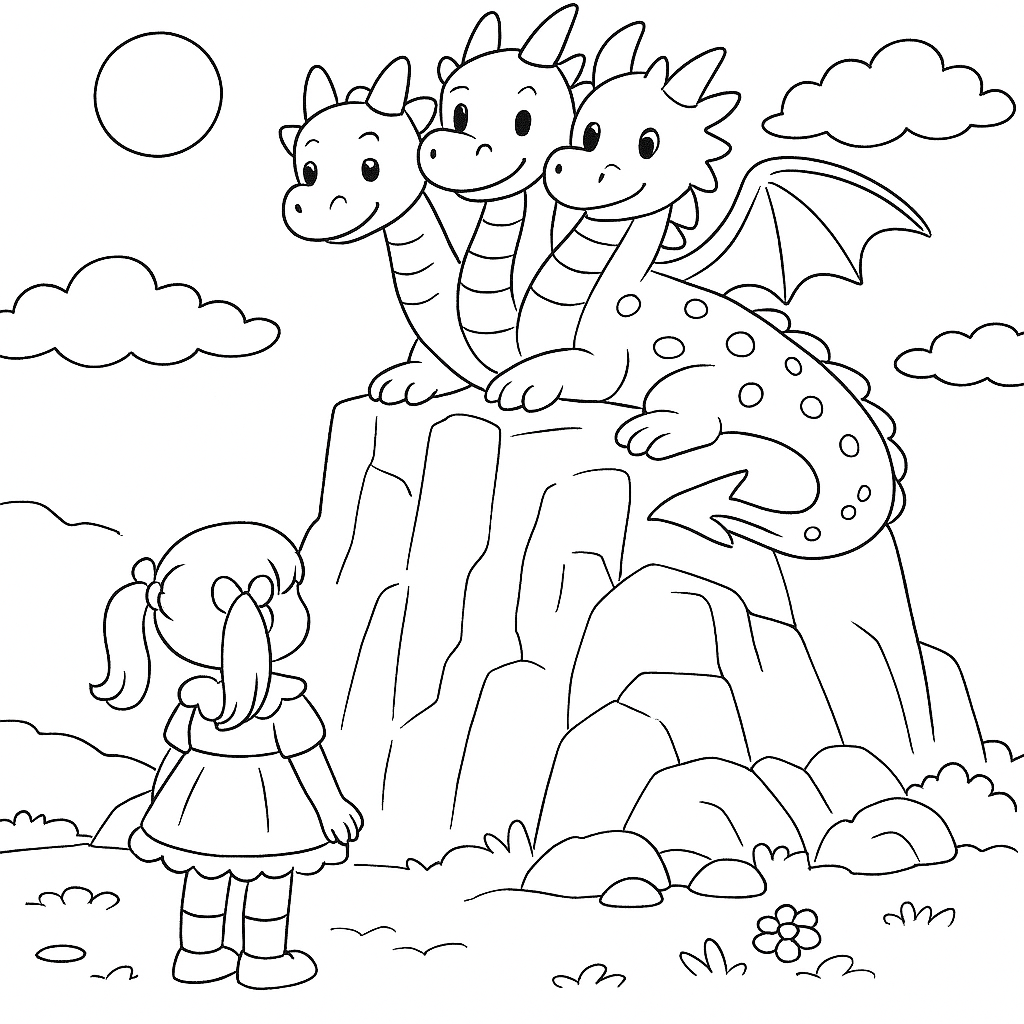 Раскраска по сказке "Храбрая девочка и дракон"