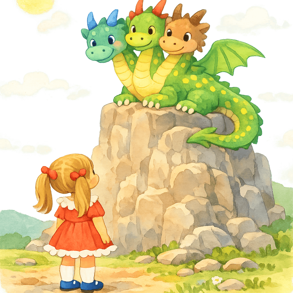 Девочка у подошвы скалы, наверху сидит трёхголовый дракон