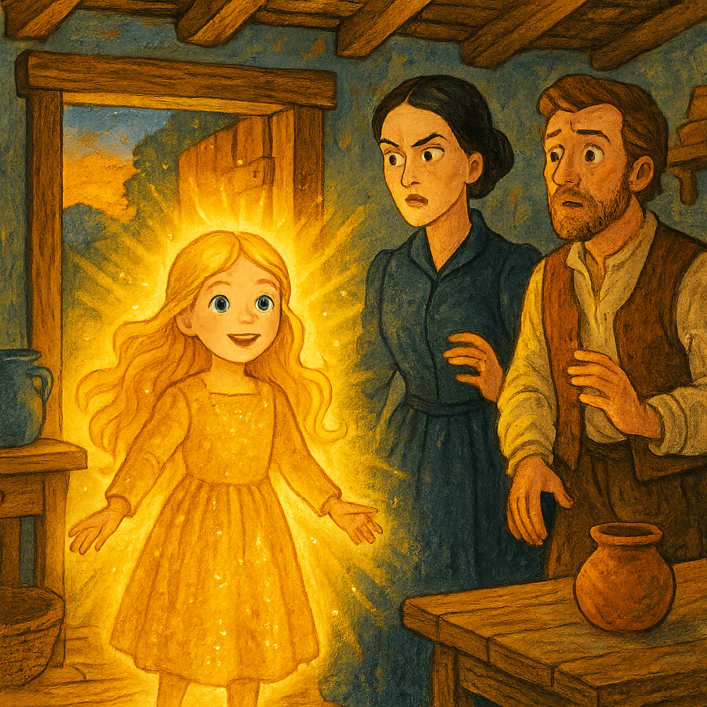 Золотая девочка возвращается домой, мачеха удивлена