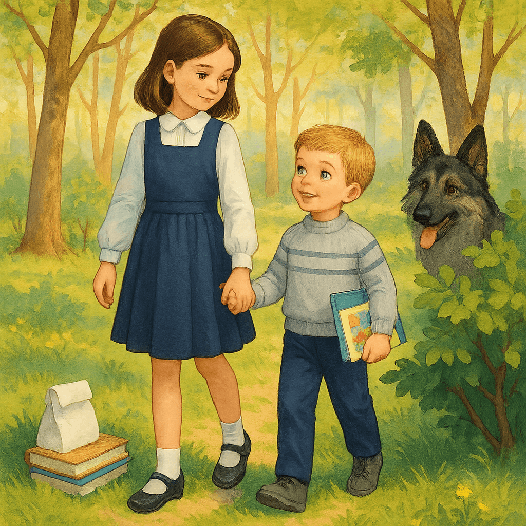 Девочка ведёт малыша за руку, за ними овчарка смотрит из-за кустов, рядом лежат книги и завтрак.