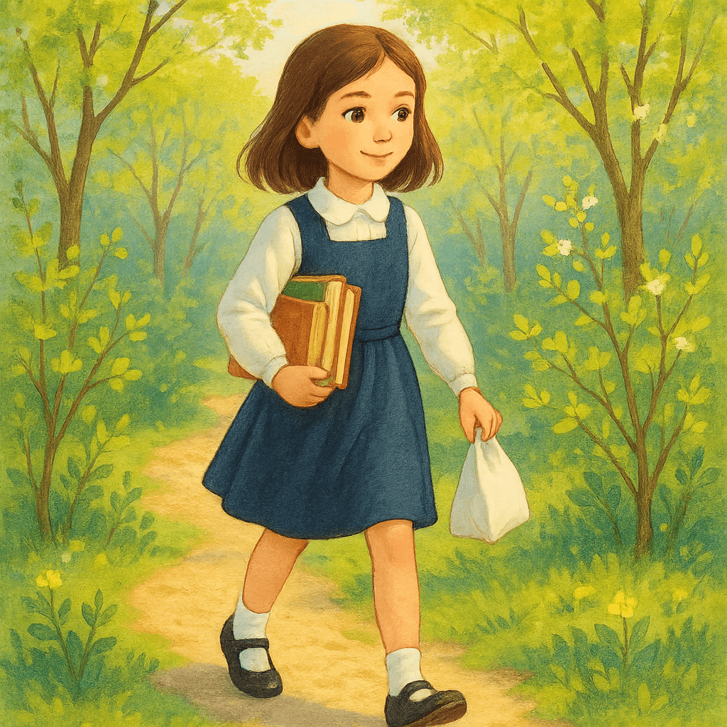 Девочка с книгами и завтраком идет по весенней роще.