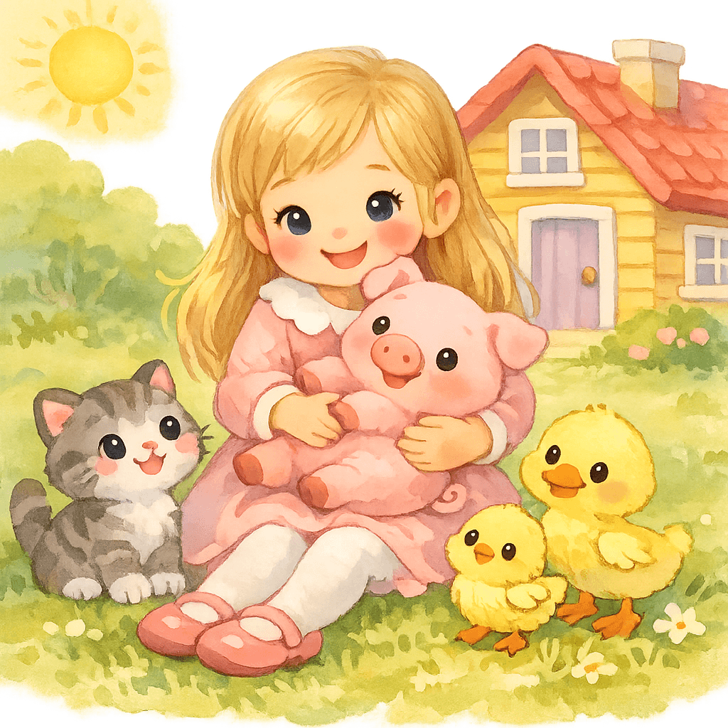 Девочка с поросёнком на руках, вокруг котёнок, утёнок и цыплёнок на травке у домика