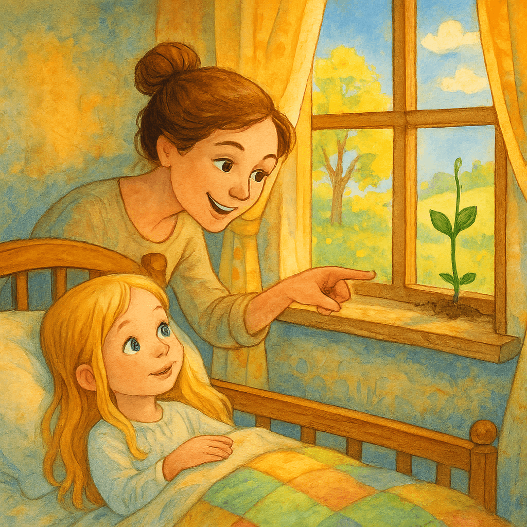 Больная девочка смотрит на росток гороха, мать улыбается рядом