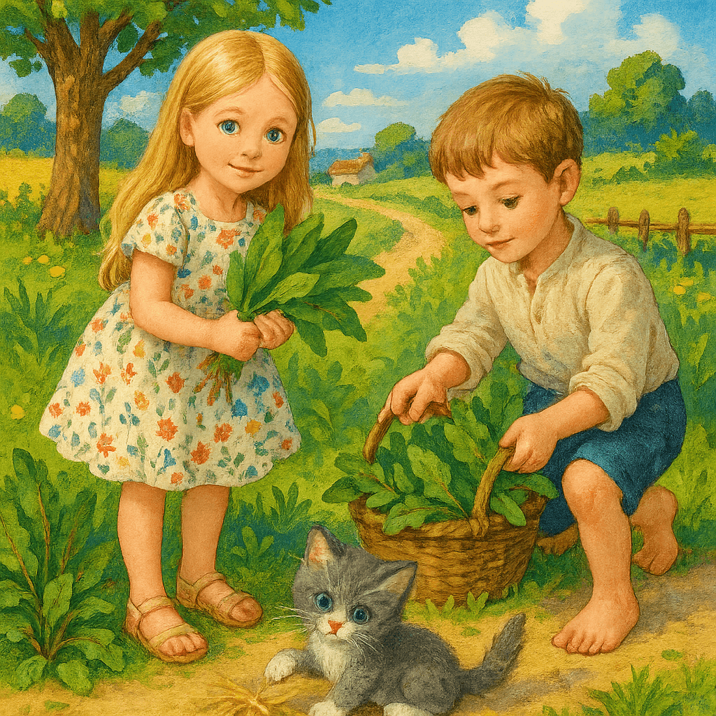 Вася и Катя собирают щавель у дороги, котёнок рядом играет с соломой.